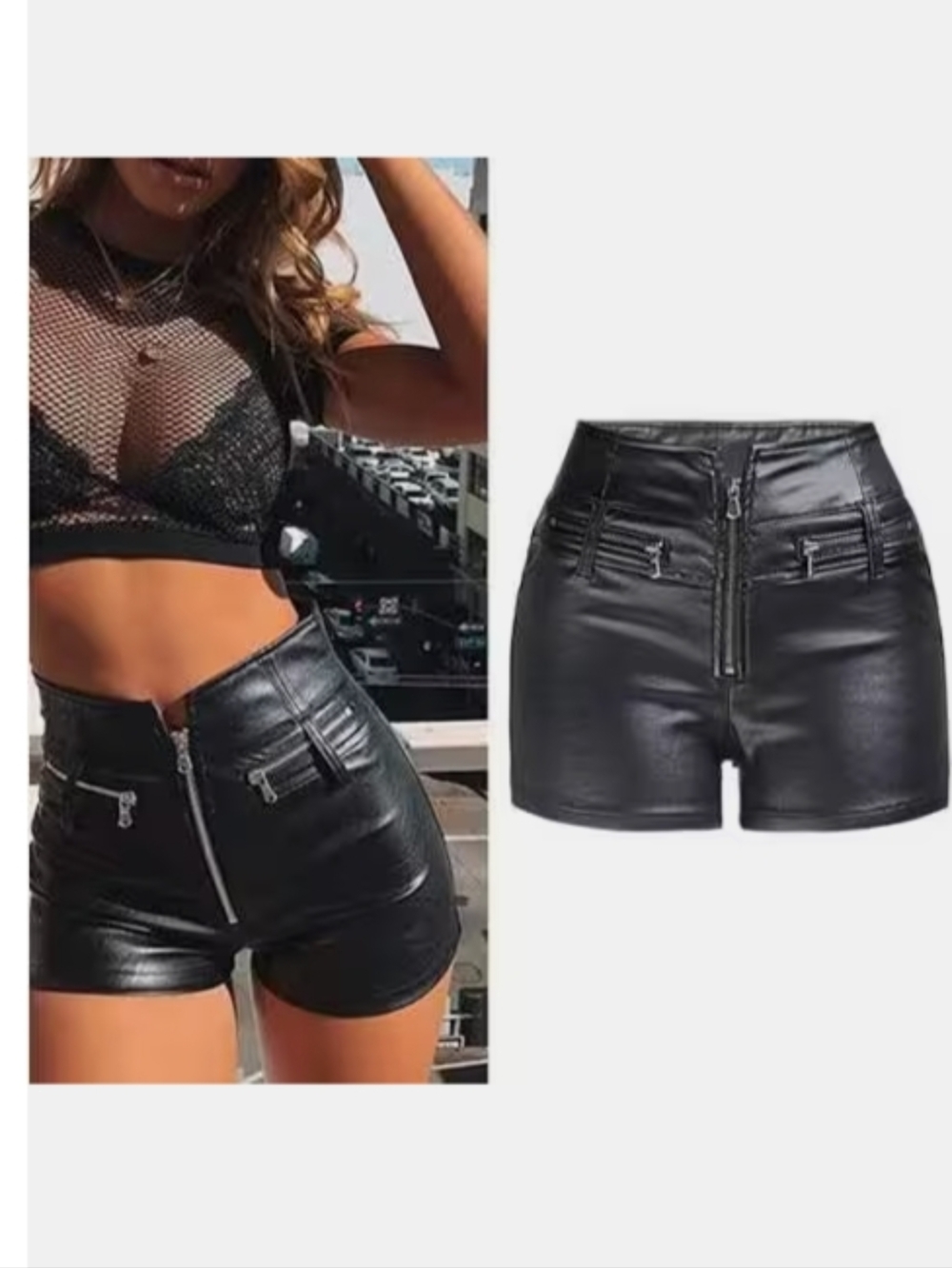 Ramisu Black Leopard-Print High-Waist Faux Leather Shorts with Zip Details - Picture 11 of 11